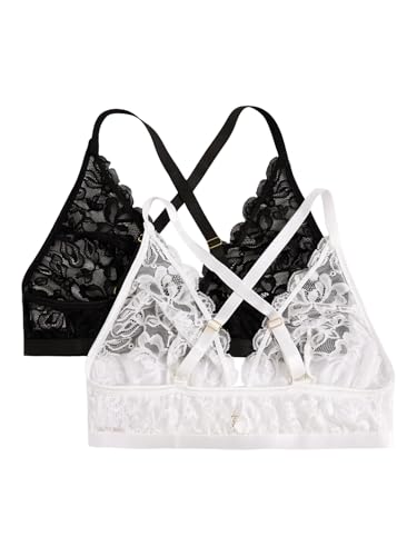 Image of MakeMeChic Women's Plus Size Lace Bralette Front Closure Bras Wireless Deep V Triangle Sexy Lace Bra