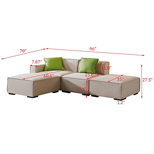 Kevinplus 96'' L-Shape Modular Sectional Sofa Couch For Living Room, Modern Futon Sectional Sofa Couch With Convertible Chaise Ottoman For Office Apartment Studio, Linen Fabric, 2 Pillows, Beige #TOP1