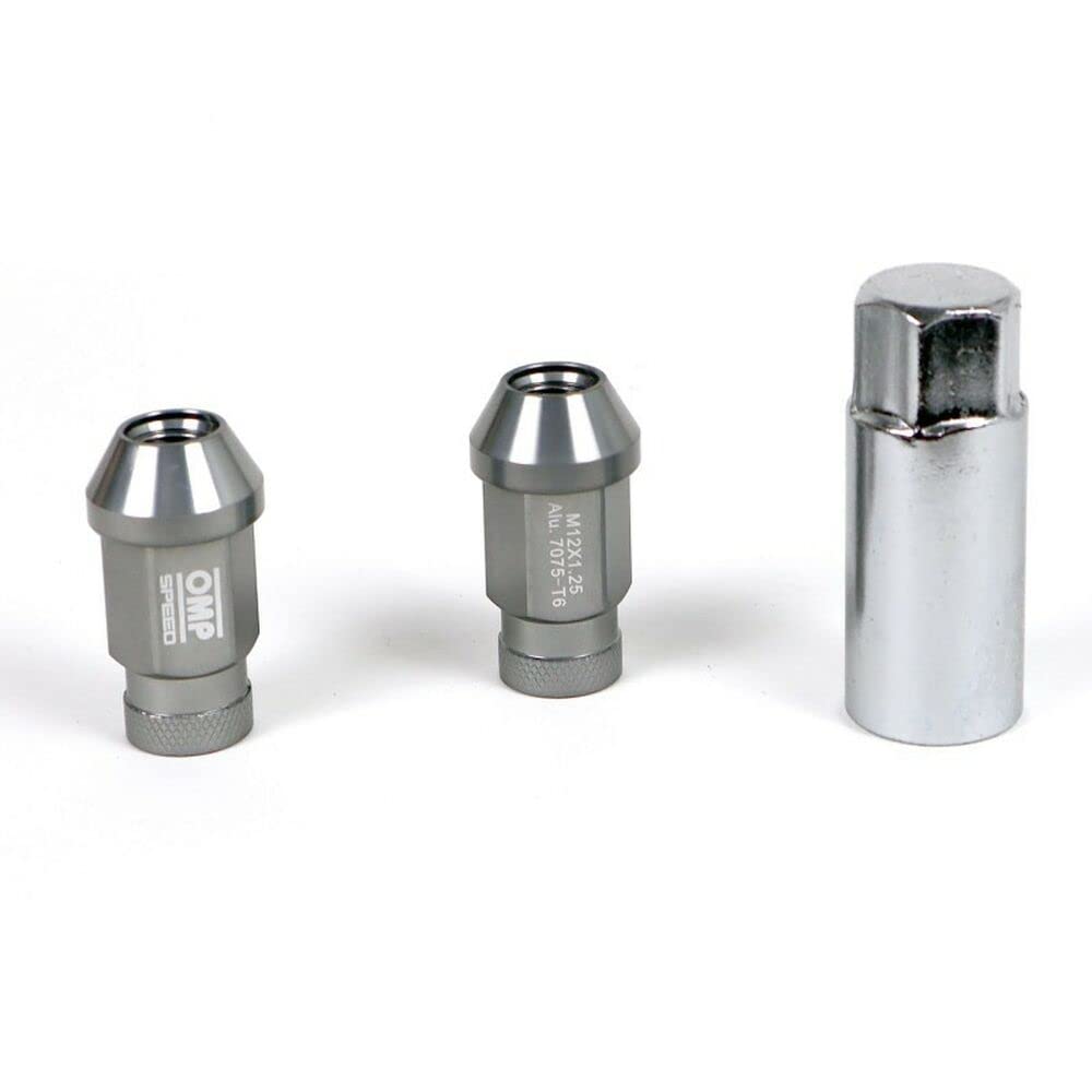 OMP SPEED Set 20 Radmuttern mit metrischem M14 x 1,25, 19 langer Gewindeschlüssel von 40 mm, Aluminiumgrau Farbe 7075