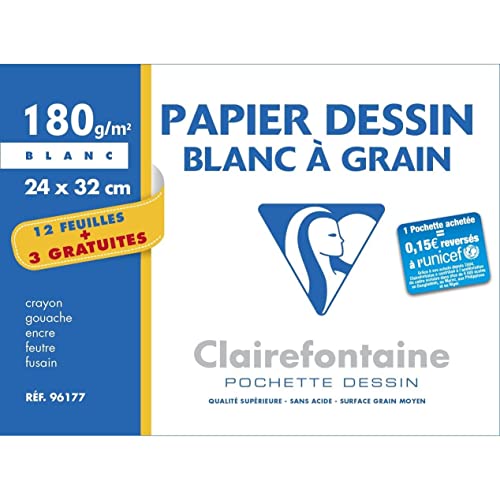 Clairefontaine Lot De 3 Pochettes De 12 Feuilles + 3 Gratuites Dessin À Grain 24 X 32 180 Gr Blanc