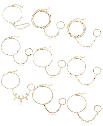 Tornito 9Pcs Hand Chain Bracelet for Women 18k Gold Plated Ring Bracelet Cubic Zircon Bead Flower Finger Bracelet Hand Jewelry Silver Gold Tone Size Adjustable - Main Image