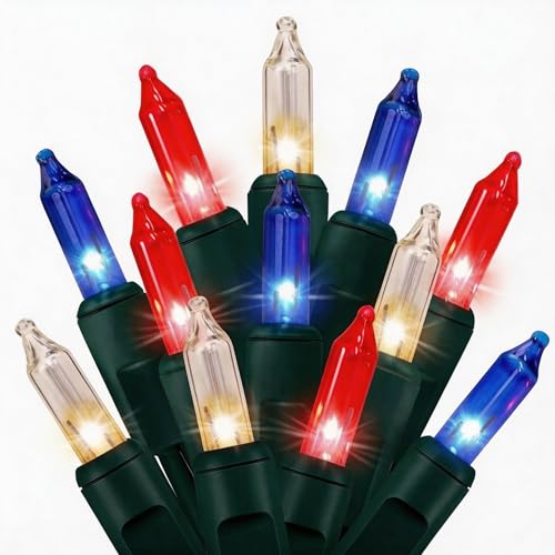 Red White and Blue Lights 100 Count Clear Mini Lights Green Wire UL Certified Connectable Patriotic String Lights for Independence Day 4th of July Decor Memorial Day Decorations (100 Count-21ft)