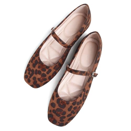 Stunner Women's Mary Jane Ballet Flats Fashion Square Toe Ankle Strap Flats Comfortable Casual Slip On Dress Shoes Leopard 44(10.5) 2