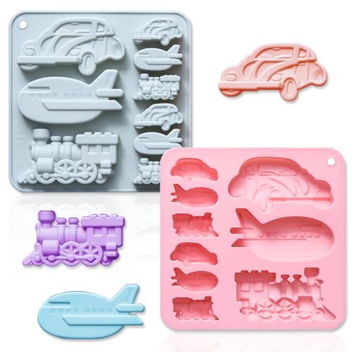2 Pack Chocolate Silicone Molds, 3D Vintage Car/Train/Airplane Shape DIY Silicone Fondant Cake Mold Tray Baking Tools for Candy Mousse Pudding Handmade Soap Candle Resin Clay