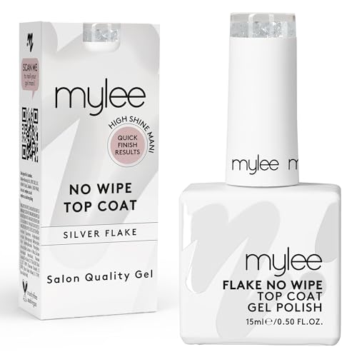 Mylee Nail Gel Polish Flake No-Wipe Top Coat 15ml UV/LED Soak-Off Nail Art Manicure Pedicure Professional Salon & Home Use Long Lasting Easy to Apply No Chips Durable & Safe (Silver Flake)