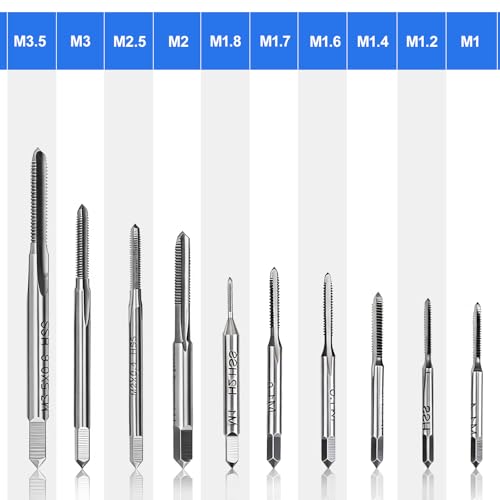 CYSFETENA 10 Stück M1 bis M3,5 Mini Gewindebohrer Set, Gewindeschneider M2 aus Schnellarbeitsstahl, Standard Gewindebohrer Set für Bearbeitung von Muttern auf Werkzeugmaschinen