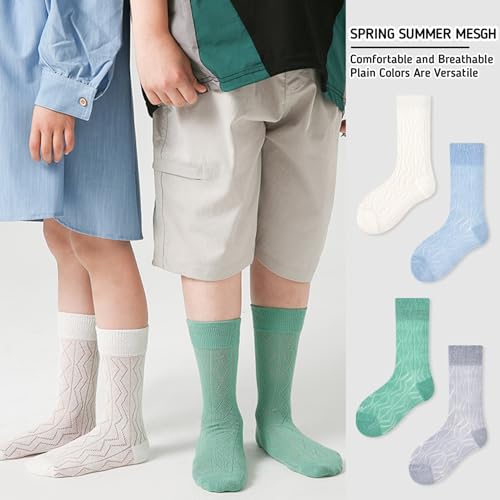 Kids Socks Mid-Calf Ribbed Cuffs Crew Socks Knit Mesh Solid Cotton Classical Socks for Kids 4 Pairs3