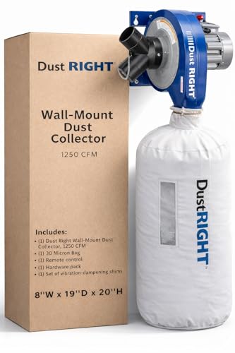 Dust Right Wall Mount Dust Collector – 1250 CFM Powerful Air Filtration System w/Remote & Y-Adapter – Space Saving Portable Woodworking Tool for Wood Shops, Homes, or More