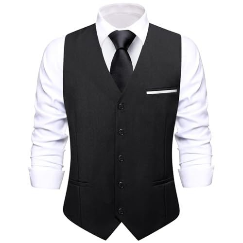 Image of Hi-Tie Men's Formal Suit Vest Solid Fit Vest for Men 3 Pockets V Neck Waistcoat Business Wedding Casual
