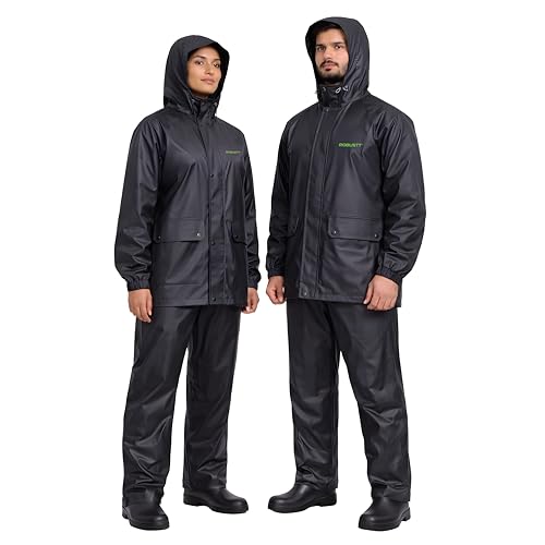 Image of Robustt PVC Waterproof Rain Suit for Men & Women (Size- M to L) Black Rain Coat with Hood, Air Vents & Reflective Strip | Bike Raincoat Pants with Elastic Waist & Snap Button Hem | Unisex Rain Jacket