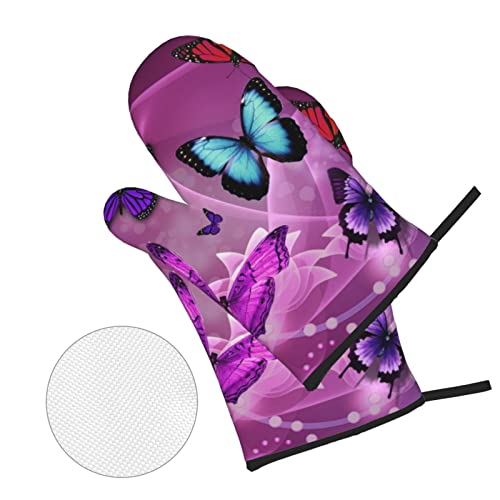 Purple Butterflies Printed Oven Mitts And Pot Holders Set Of 4 Heat Resistant Non-Slip Waterproof Oven Gloves For Grilling Bbq Cooking Baking Kitchen Microwave Pizza #TOP2