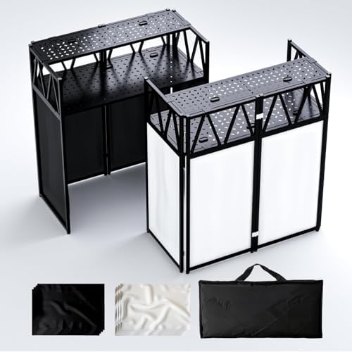 Portable DJ Booth Table,Foldable Stand with White & Black Scrim,Adjustable DJ Facade Table Station Metal Frame with Cable Hole for Private Events, Clubs, Bars (Upgrade Double Deck)