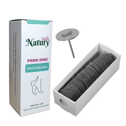 Natury Nails Pododisco 100 Discos de papel de lija reemplazables con broca base de 25 mm para torno de uñas. Broca para Pedicuras Callosidades y Asperezas (GRANO MEDIO)