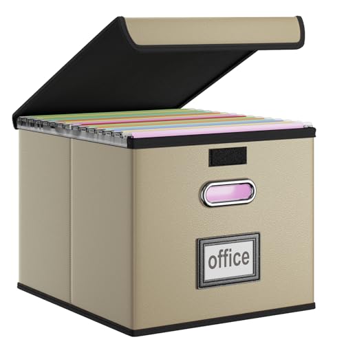 Huolewa Faux Leather File Organizer Box with Lid, Collapsible Hanging File Folder Box Organizer with Plastic Slides, Decorative Home/Office Filing System Boxes for File and Folder Storage-Khaki