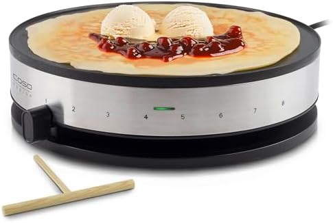 CASO CM 1300 - Crepera electrica con 1300W, Revestimiento antiadherente, Potencia regulable, 33 cm diámetro para crepes extragrandes, Incluye distribuidor de masa y espátula, acero inoxidable