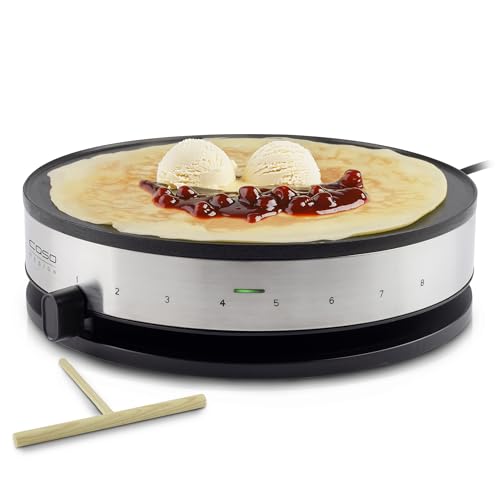 CASO CM 1300 - Crepera electrica con 1300W, Revestimiento antiadherente, Potencia regulable, 33 cm diámetro para crepes extragrandes, Incluye distribuidor de masa y espátula, acero inoxidable