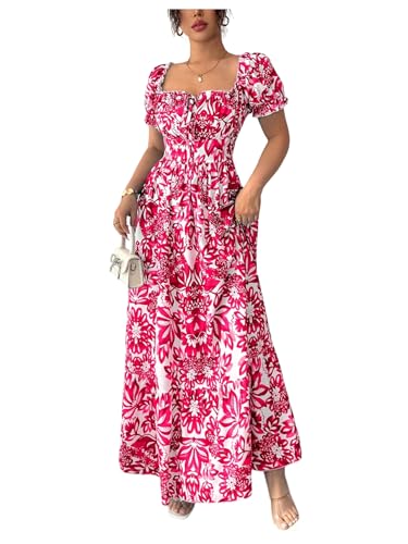 Image of Floerns Women's Floral Short Puff Sleeve Milkmaid Dress Boho A Line Long Dresses