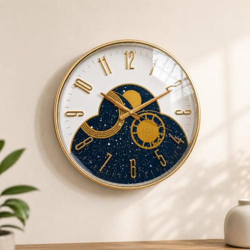 Image of ARMONIA Premium Designer Wall Clock for Living Room 15 Inch | Silent Quartz Acrylic Wall Clock | Luxury Gold & Blue Decorative Round Wall Clock for Modern Home & Office Decor, Bedroom & Decor