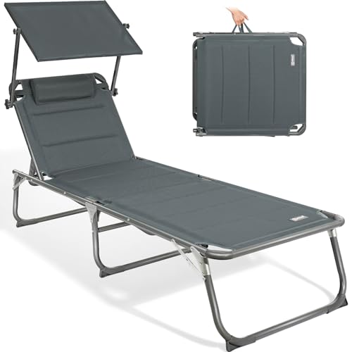 Homecall Sonnenliege Klappbar Mit Dach, Kopfstütze, 5-Fach Verstellbare Rückenlehne, 200 x 70 cm...