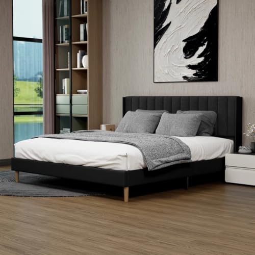 Image of Low Profile Upholstered Platform Bed with Winback Headboard | Bed King Size | Bed Without Storage | Upholstered Beds King Size | Mattress not Included | Black