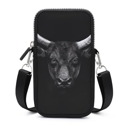 Sac bandoulière téléphone tête de taureau noir avec portefeuille intégré pour femme