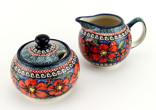 Sugar Bowl and Creamer Set in Polish Pottery Poppies Polish Pottery Unikat Pattern painted by Tomaszewska