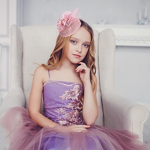 Cute Mini Fascinator Hats - Pink Mini Elegant Veil Mesh Hat with Pearl Necklace Set for Women Girls, Little High Tea Party Kentucky Fascinator with Clip for 1920s 50s Accessories3