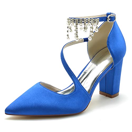LGYKUMEG Zapatos de la Boda de Las Mujeres Vestido Novia del Partido, Rhinestone Chispeante Chunky talón Puntiagudo Dedo pie Elegante satén Baile graduación,Azul,41EU/8UK Cover