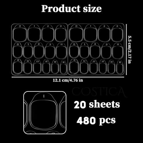 Image of COSTICA Nail Adhesive Tabs, Clear Ultra-Thin Double-Sided Press on Nail Stickers, 12 Sizes Waterproof, 20 Sheets with 3 Orange Sticks and Mini Filler (480 Pcs)
