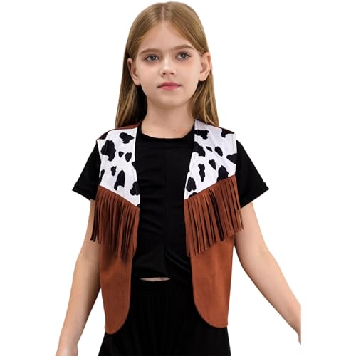 Kids Cowboy Cowgirl Fringe Vest Shiny Gold Star Open Front Waistcoat for Western Party2