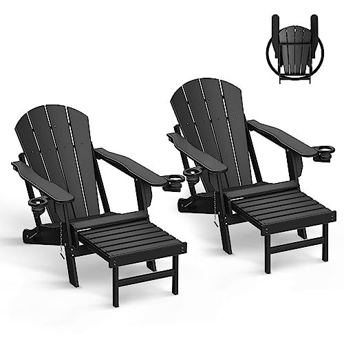 Greenvines Folding Adirondack Chairs With Ottoman Set Of 2, Hdpe Plastic All-Weather Poolside Chair W/Cup Holders & Footrest For Fire Pit Campfire Deck Backyard Patio Outdoor Porch Lawn, Black #TOP18