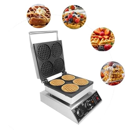 1750W Waffeleisen, kommerzielles Waffeleisen, Temperatur- und Zeitregelung, Edelstahl, Zeitschaltuhr 0~5 Min, Temperaturbereich 50~300℃ für Restaurant Bäckerei Snackbar 4 runde Waffeln – Bild 7