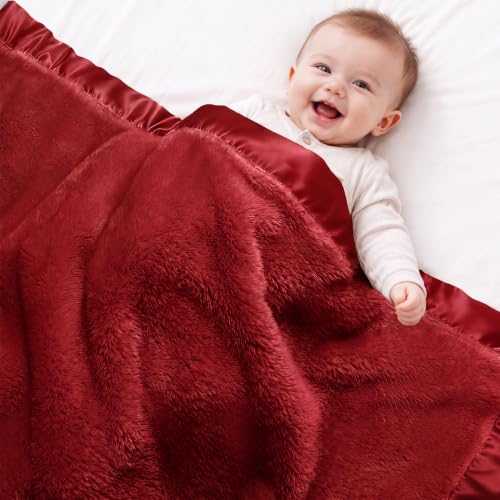 Image of Pro Goleem Fleece Baby Blanket with 2 Inch Satin Trim Soft Anti-Static Plush Blanket for Boys and Girls Christmas Baby Gifts for Babies 30''x40''，Red