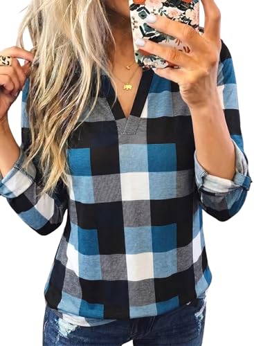 Image of Dokotoo Womens Tops Plaid Cotton Cuffed 3 /4 Sleeve Shirts Blouses