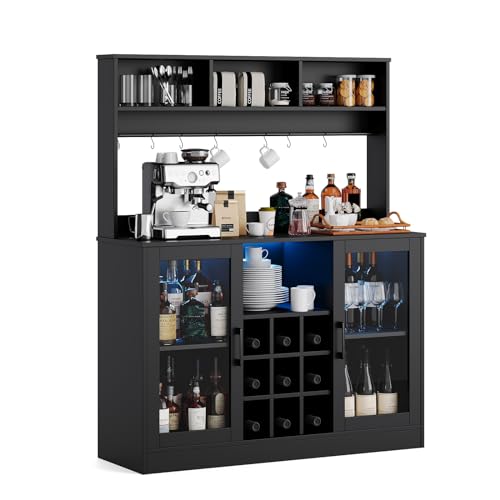 Wine Bar Cabinet with Power Outlet, 9 Wink Racks, 6 Hooks and Adjustable Shelf, Coffee Bar Cabinet Liquor Cabinet with Led Light, Buffet Sideboard for Kitchen, 47.2