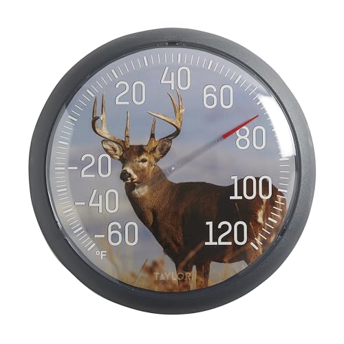 Taylor White Tail Deer Large Indoor Outdoor Dial Thermometer, Wireless Thermometer with Easy to Read Large Numbers for Patio, Pool, Garden or Garage, and Indoor Areas, 13.25-inch, White Tail Dee, Blue