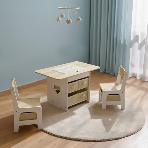Danube Home Little Learners 1+2 Kids Table & Chair Set With Storage+Lego Top Table & 6 Fabric Storage Organiser | Arts And Crafts Desk | Modern Wooden Kids Table Set L80xW48xH49.3cm - White & Oak