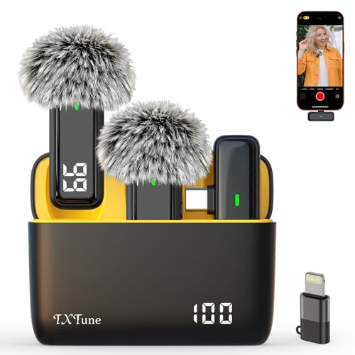TXTUNE Lapel Microphone Wireless for Android Phone - USB C Lavalier Microphone for iPhone 16 17, Noise Cancelling Clip On Mic for Video Recording Vlogging, 24H Charging Case (USB Type-C)