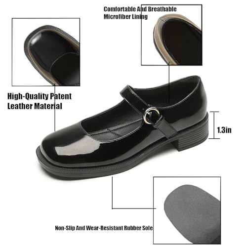 Women's Patent Leather Low Block Heel Mary Janes Fashion Round Toe Ankle Strap Chunky Heels Pumps Oxfords Comfort Office Party Dress Shoes2