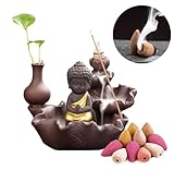 MFUNKE Goldener Buddha, Räuchergefäß mit Rückfluss, Räucherstäbchenhalter, Wasserfall, Weihrauchbrenner aus Keramik, für zu Hause oder als Geschenk, mit 10 Räucherkegel
