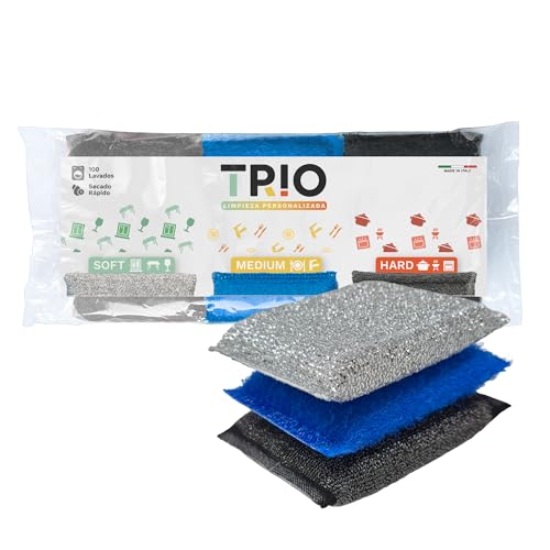 Trio – Set de 3 Esponjas (Suave - Media - Dura) para diversas Superficies – Lavables y duraderas – Limpieza de Superficies delicadas, Medias y duras – Fabricadas en Italia