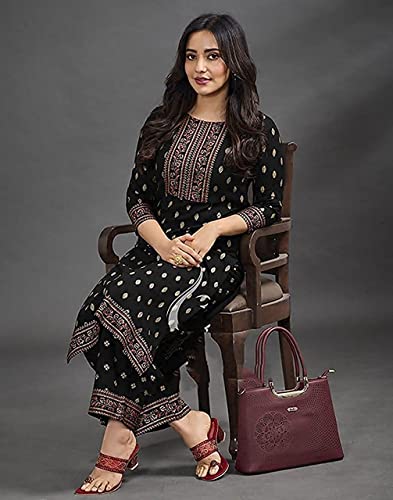 Image of Women's Rayon Printed Kurta with Palazzo Set (Small, Black Palazzo Set)