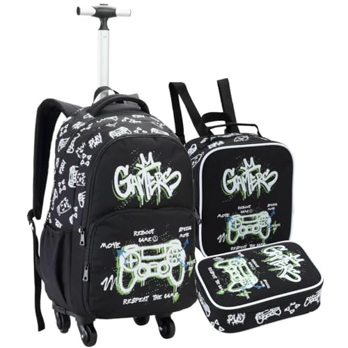 Kit Escolar Gamer 3 Pçs, Mochila de Rodinhas, Lancheira Térmica e Estojo Box 100 Lápis, Alça Retrátil, Material Resistente, P/Crianças Infantil, Estudos (Kit Material Escolar Gamer)