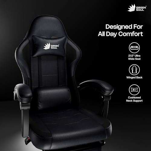 Image of Green Soul Blade Ergonomic Gaming Chair | Leatherette | Multi-Functional Computer Chair | Integrated Massager | ErgoSync Armrest | Retractable Footrest | 1 Year Warranty (Black)