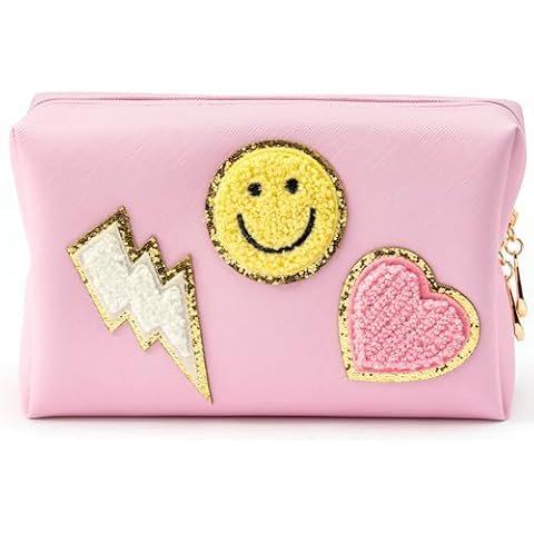 LieToi Preppy Patch Small Toiletry Bag Smile Lightning Heart PU Leather Portable Waterproof Makeup Cosmetic Bag Daily Use Storage Purse Travel Organizer Compliant Bag for Women Girls Gift (Pink) Cover