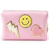 LieToi Preppy Patch Small Toiletry Bag Smile Lightning Heart PU Leather Portable Waterproof Makeup Cosmetic Bag Daily Use Storage Purse Travel Organizer Compliant Bag for Women Girls Gift (Pink)