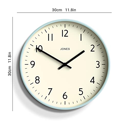Jones Clocks® Studio Round Wall Clock - Round Clock - Modern Clock - Designer Clock - Kitchen Clock - Living Room Clock - Office Clock - Easy To Read Dial - Contemporary Design (Clear Blue) #TOP4