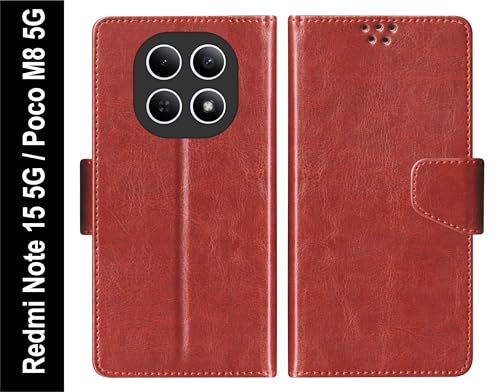 Image of SBMS Flip Cover for Redmi Note 15 5G Poco M8 5G Back Cover Case with Magnatic Closure | Genuine Leather Finish | Inbuilt Stand | Card & Money Pocket | Wallet Style Flip Back Case Cover (Brown)