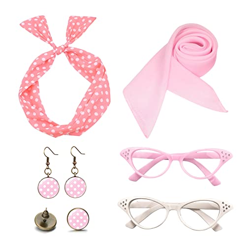TSHAOUN 6PCS Rockabilly Accesorios 50s Mujer Vestido Accesorios con Polka Dot Gasa Bufanda Cat Eye Gafas 60s Ropa para Motoparty Retro Teil Party