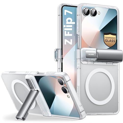 i-Blason for Samsung Galaxy Z Flip 7 Case with Stand [Tempered Glass Screen Protector] [Hinge Protection] [Support Wireless Charging] Slim Matte Protective Magnetic Phone Case for Z Flip 7, Clear